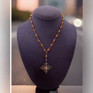 Vintage Beaded Rhinestone Maltese Cross Pendant Necklace Antiqued 16-18”